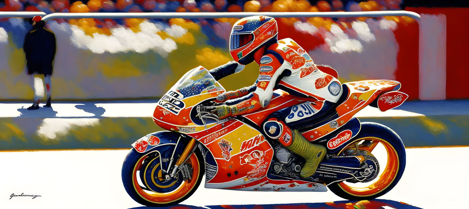 Vibrant Motorcycle Racer Painting with Blurred Audience Background