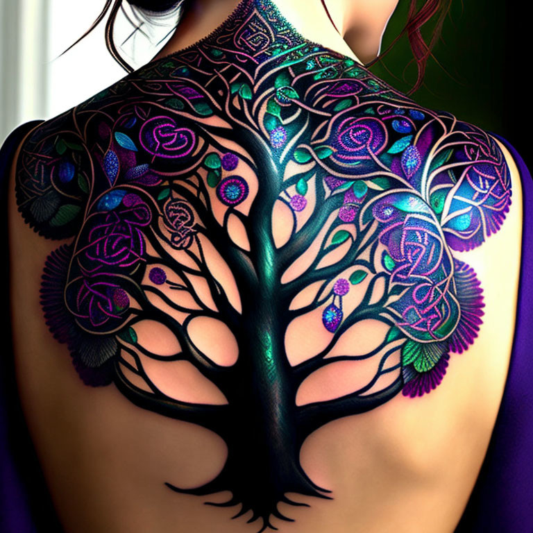 Colorful Tree Tattoo with Purple and Blue Hues on Back