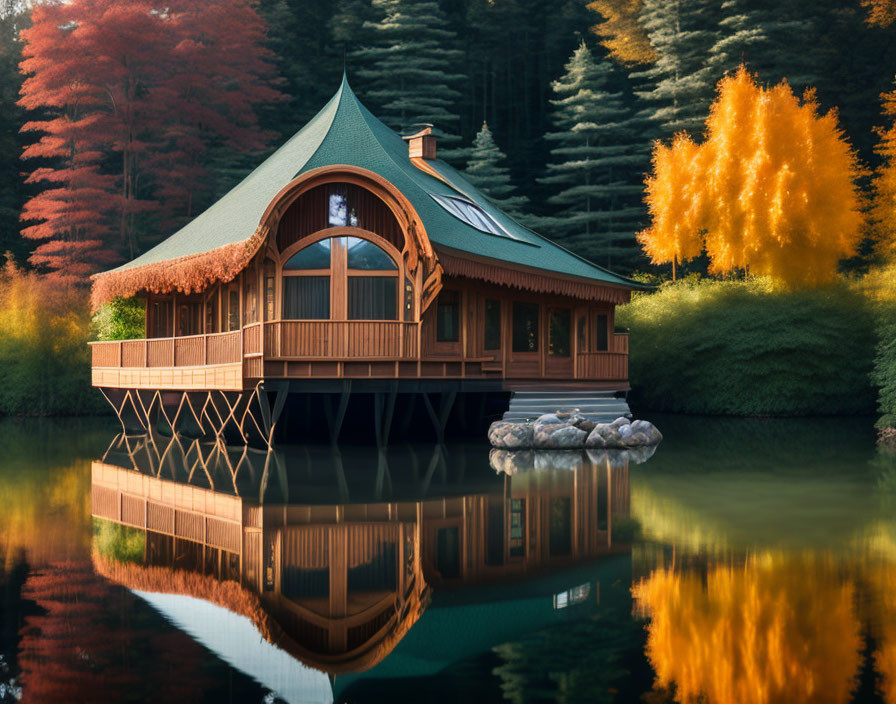 Tranquil Wooden Lake House Amid Autumn Trees at Dusk