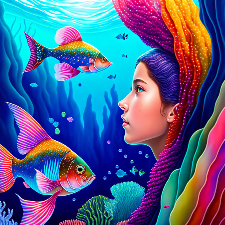 Colorful digital artwork: Girl with vibrant hair underwater amidst coral and fish