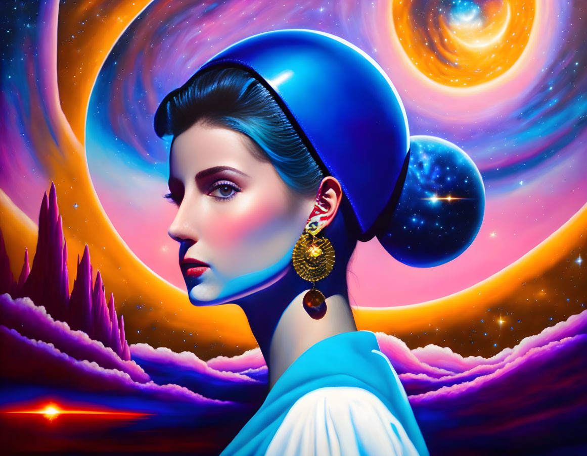 Female figure in profile with cosmic headgear in surreal digital artwork