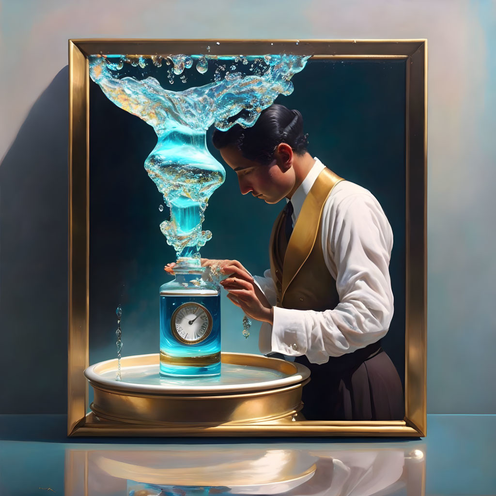 Surreal painting: Person adjusting clock with splashing water, framed on blue gradient.