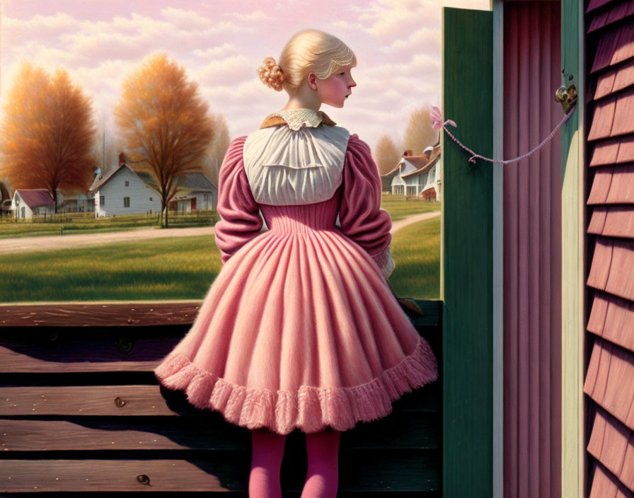 Young girl in pink dress on porch overlooking sunny autumn yard.