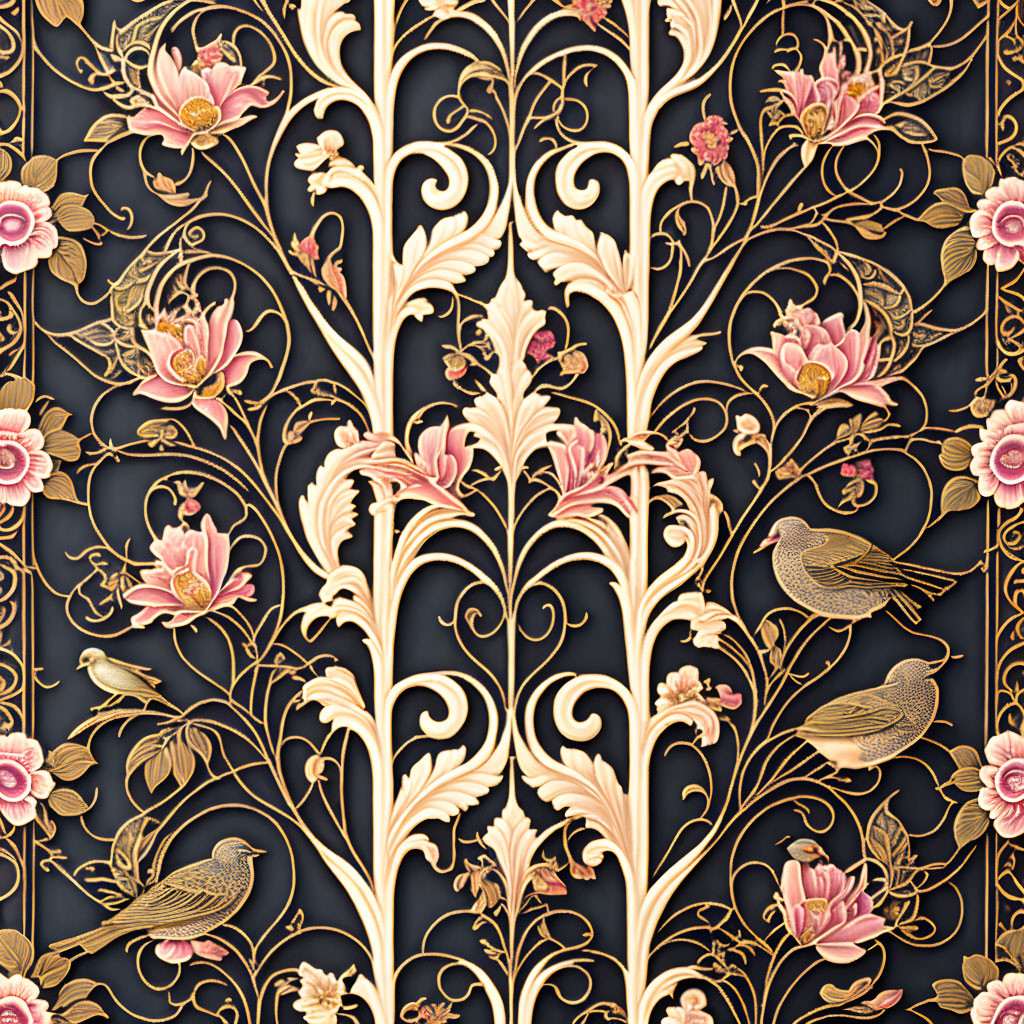 Floral and Bird Art Nouveau Design with Gold Outlines