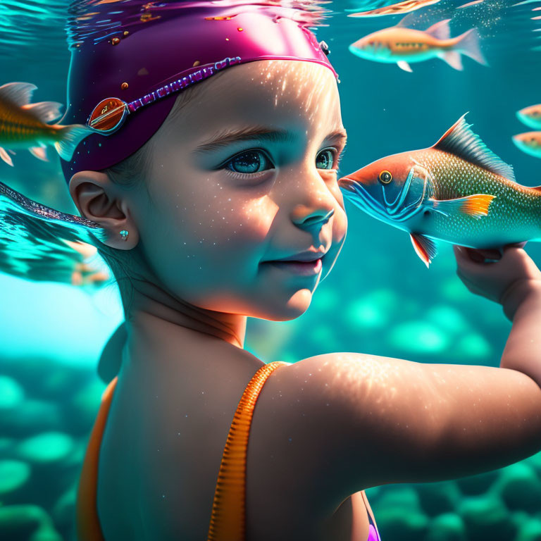 Young girl in purple swim cap and orange goggles interacts with tropical fish underwater