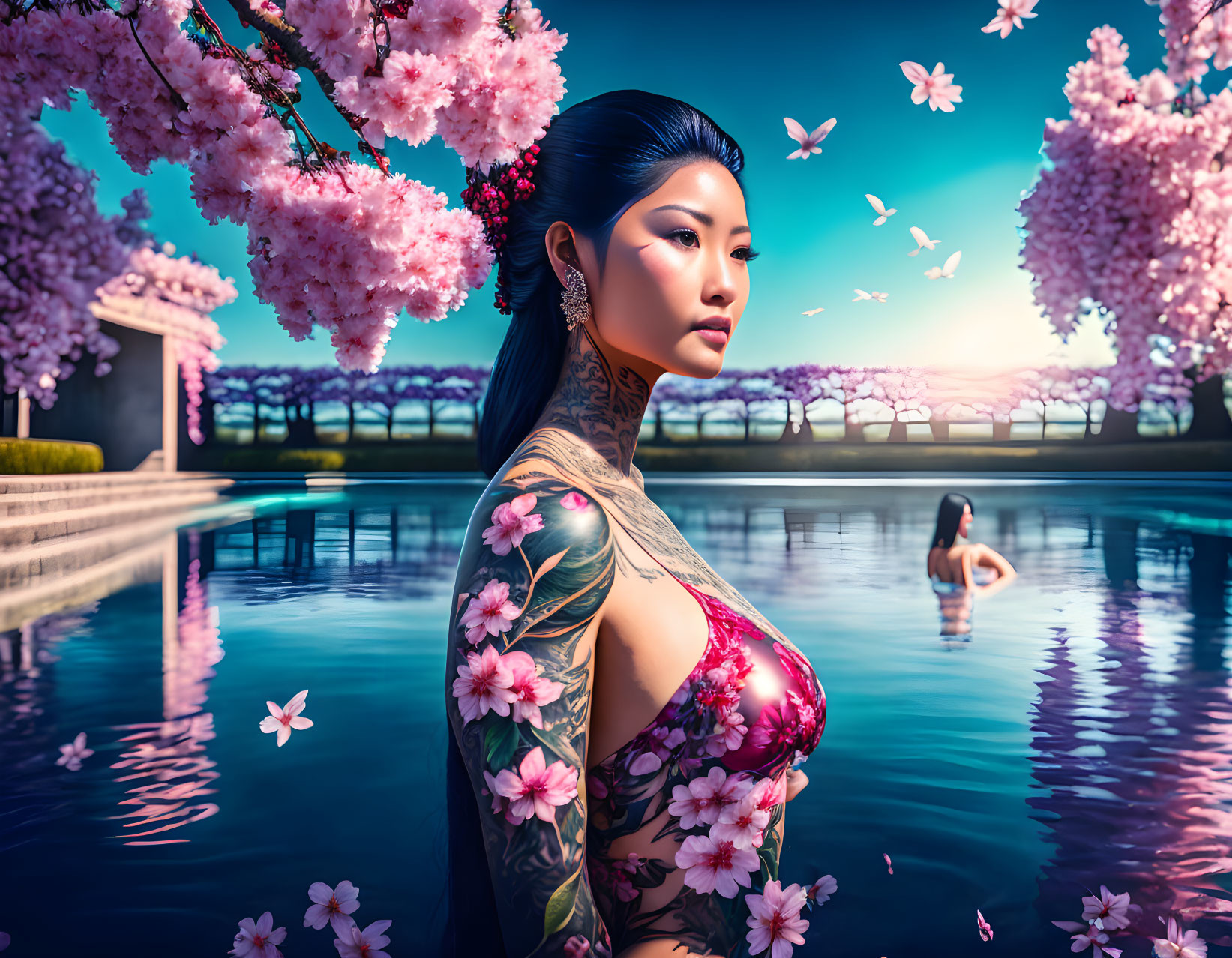 Tattooed woman by tranquil pool with cherry blossoms and swimmer