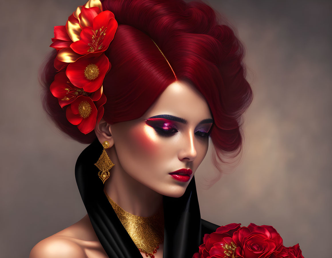 Portrait of Woman with Vibrant Red Hair, Flowers, Gold Ornaments, Makeup, and Roses