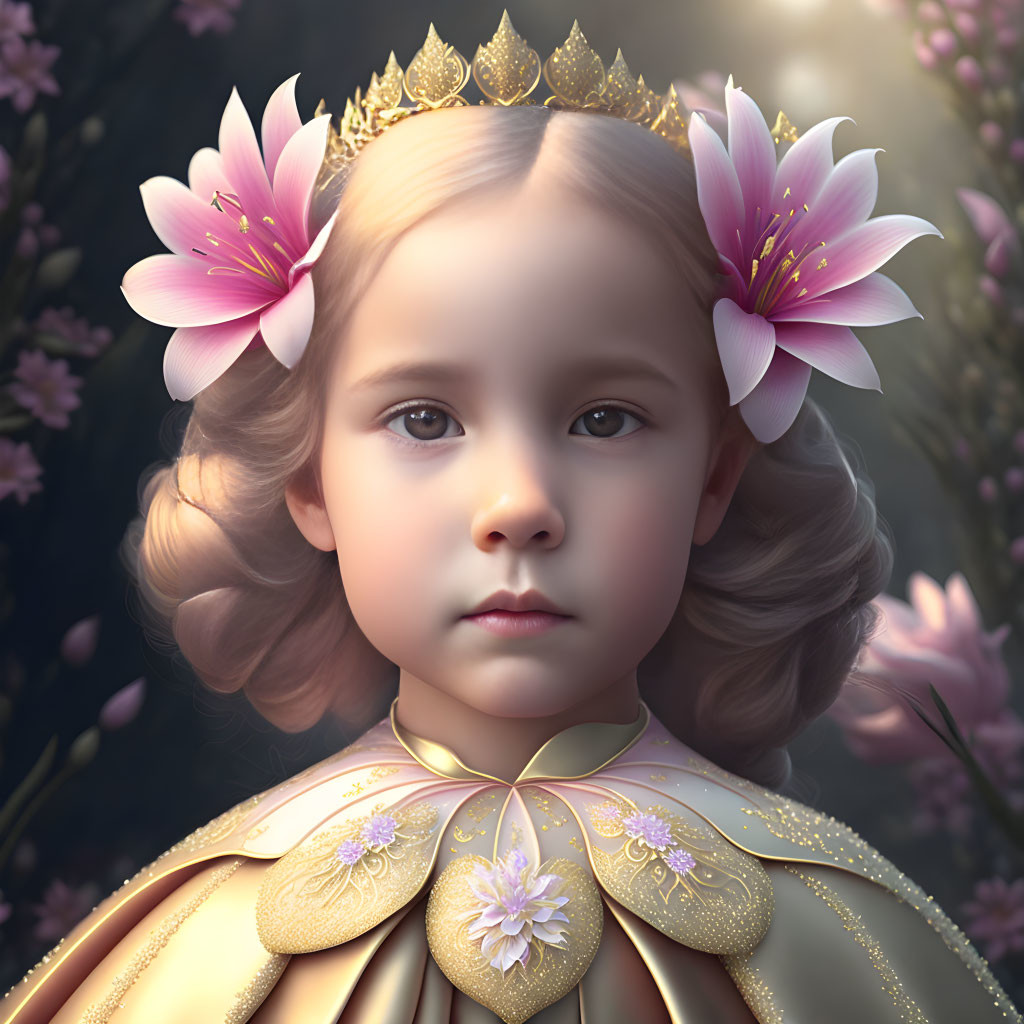 Digital artwork of young girl with crown and floral outfit on dark floral backdrop