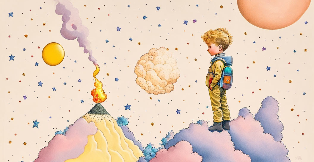 Boy in spacesuit on colorful landscape with whimsical sky, stars, planet, and flame