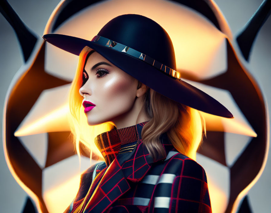 Portrait of woman in wide-brimmed hat with pink lipstick and star-shaped light