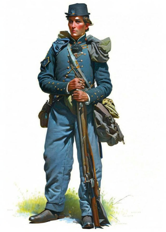 Civil War-era soldier illustration in blue uniform with kepi hat, rifle, satchel, and