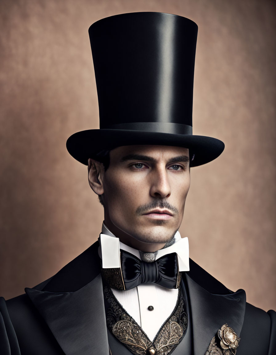 Formal man in black tuxedo with top hat and bowtie poses sternly