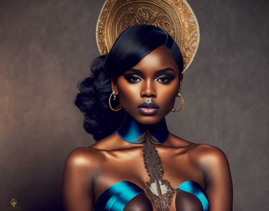 Woman with Striking Makeup and Glamorous Blue & Gold Accessories