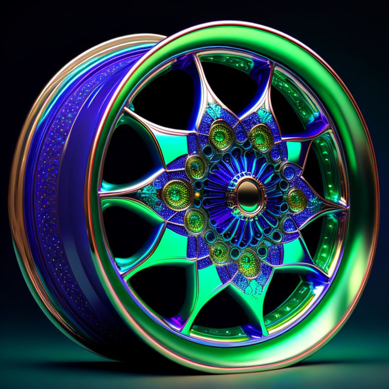 Colorful Glossy Car Rim with Blue, Green, and Purple Hues