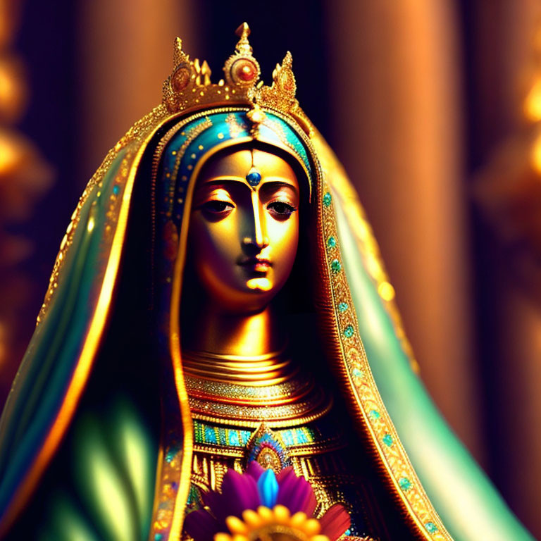 Golden crown adorns female statue in blue robes with jewels, holding purple flower