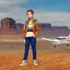 Young girl in scout uniform poses in desert with planes and random objects.