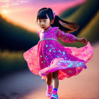 Young girl in pink dress twirls under twilight sky