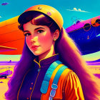 Colorful Stylized Portrait: Retro Girl in Orange Pilot Outfit with Vintage Planes in Desert