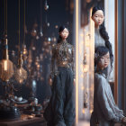 Three identical women in futuristic attire surrounded by hanging lamps and mechanical devices in an elegant room.