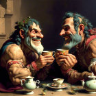 Blue-skinned muscular fantasy characters enjoying tea with ornate teaware