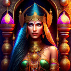 Digital artwork of woman with blue streaked hair in ornate gold jewelry against mystical backdrop.