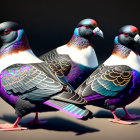 Vibrant iridescent pigeons on dark background