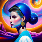 Female figure in profile with cosmic headgear in surreal digital artwork