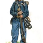 Civil War-era soldier illustration in blue uniform with kepi hat, rifle, satchel, and