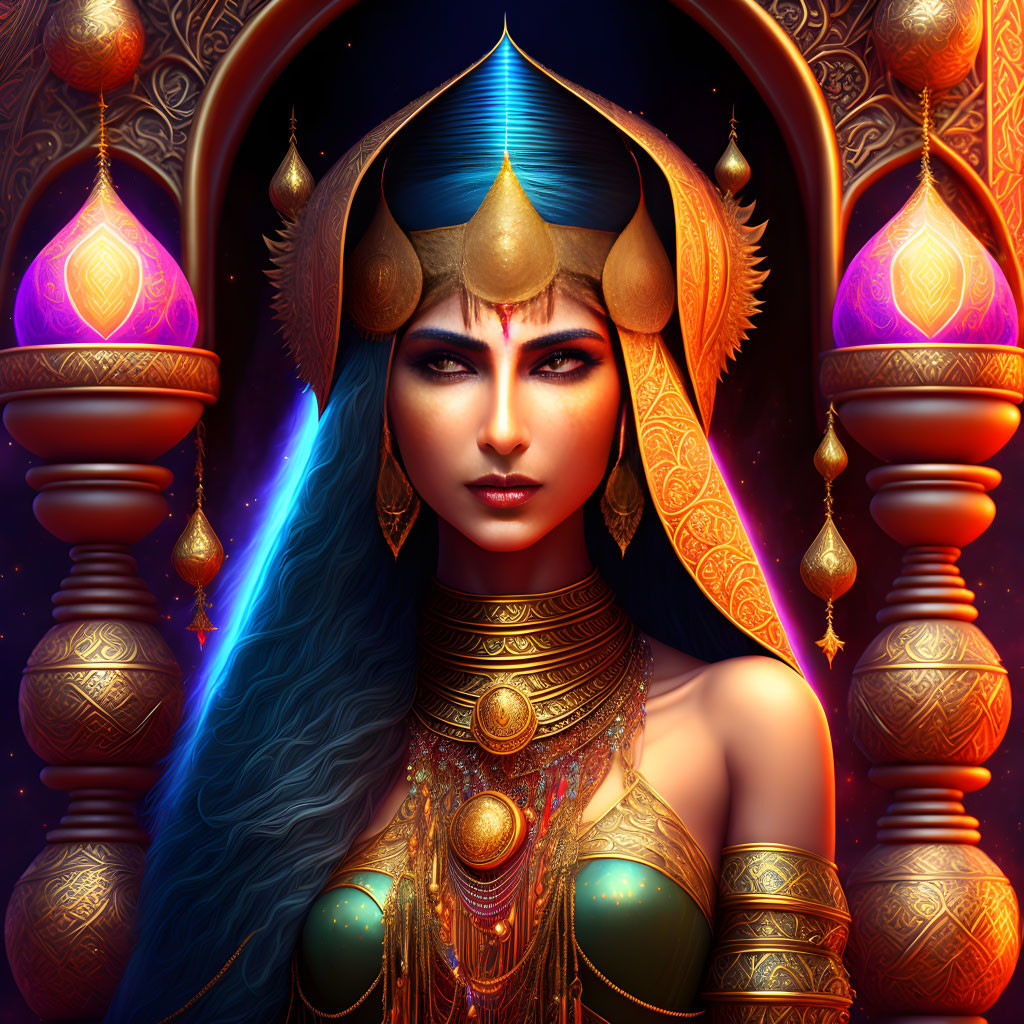 Digital artwork of woman with blue streaked hair in ornate gold jewelry against mystical backdrop.