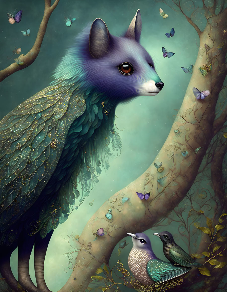 Mythical creature with fox head and bird body perches on tree branches with bird and butterflies.