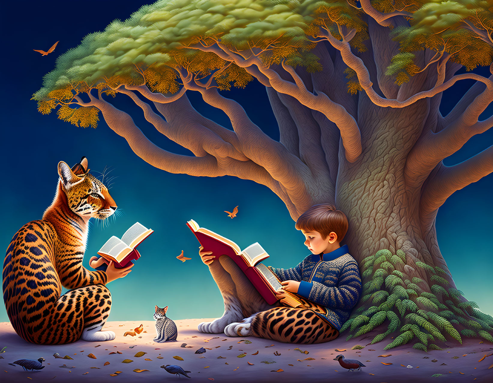 Boy and anthropomorphic ocelot reading under tree with birds, kitten, and sparrows.