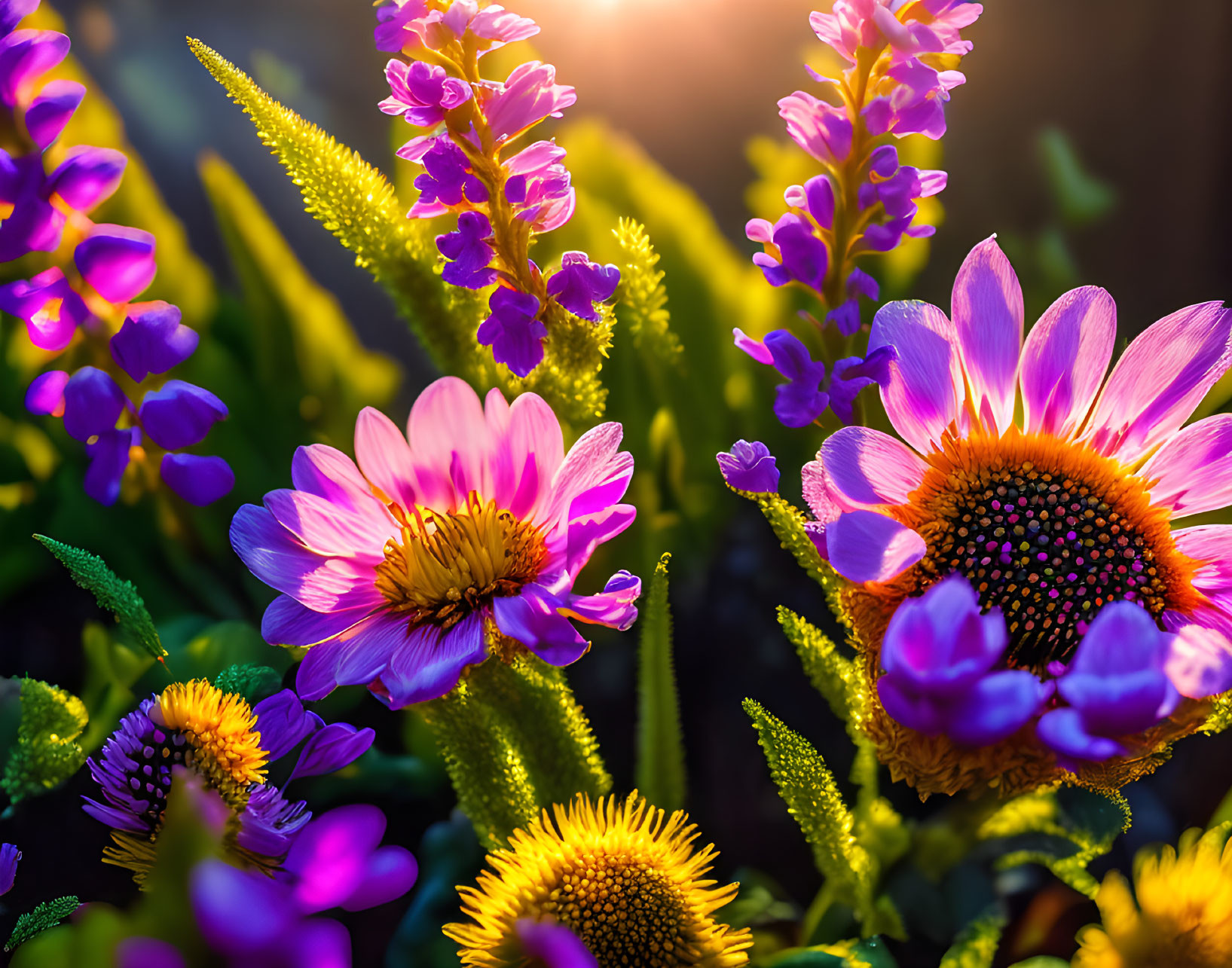 Bright purple flowers with golden centers in sunlight and lush greenery.