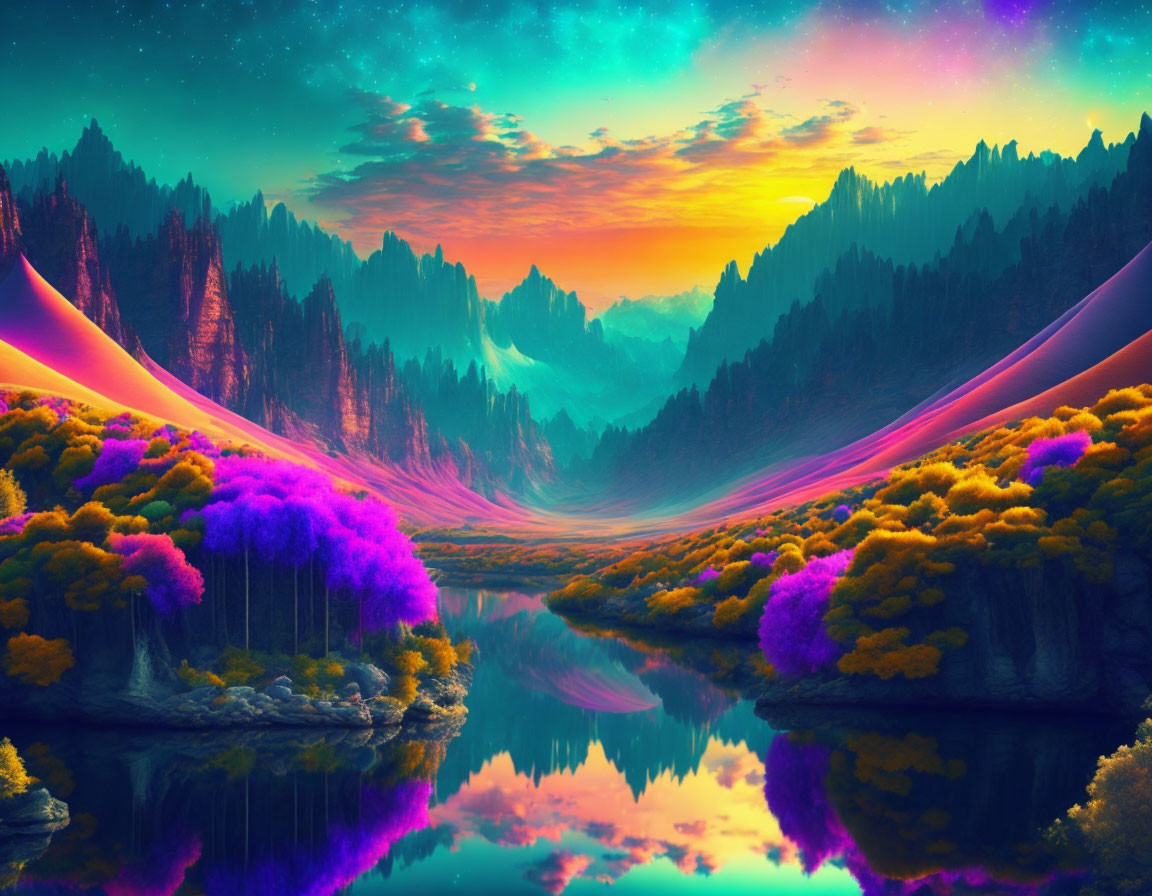 Surreal landscape with purple and golden foliage under starry sky