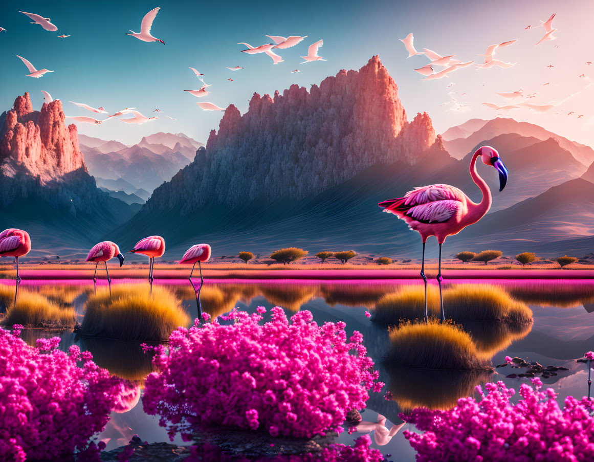 Flamingos near pink lake with flowers, mountains, and birds at dusk