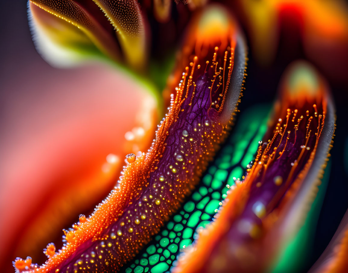 Vibrant flower with dewdrops displaying intricate textures