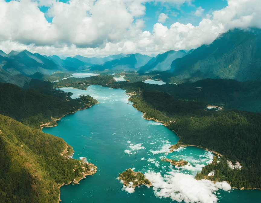 Aerial View of Turquoise River and Green Forested Hills