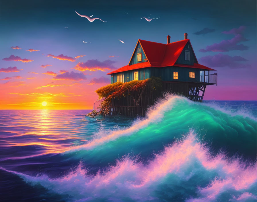 Vibrant sunset over ocean with house on stilts, large wave, and birds.