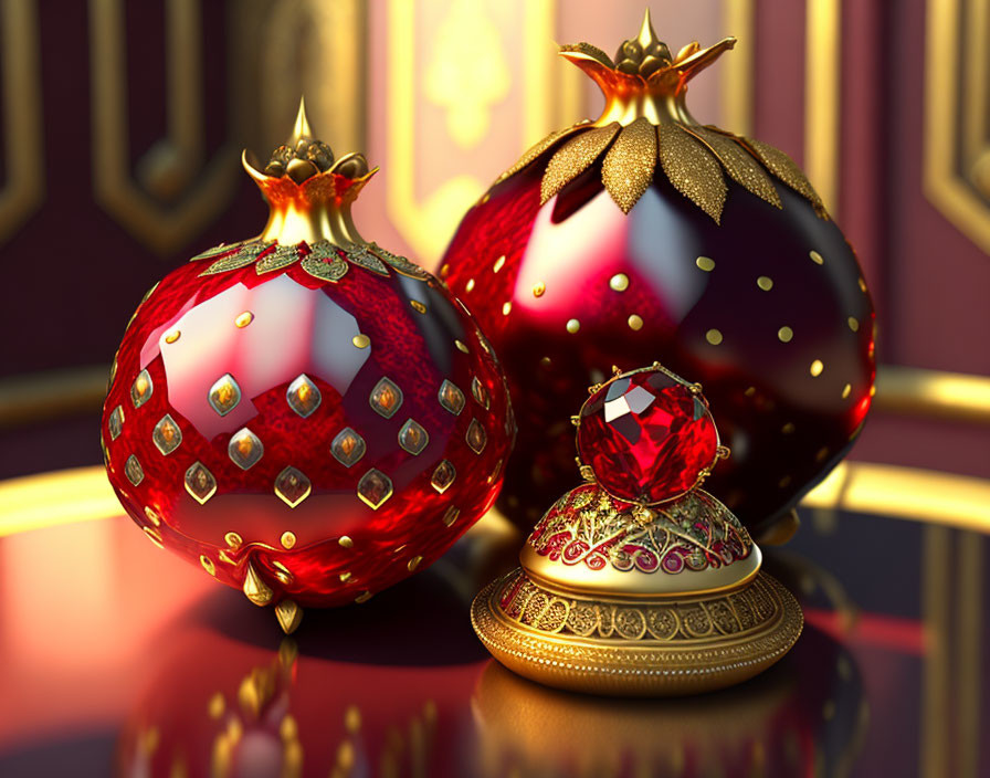 Three ruby-studded royal orbs with golden crowns on reflective surface, against regal purple background.