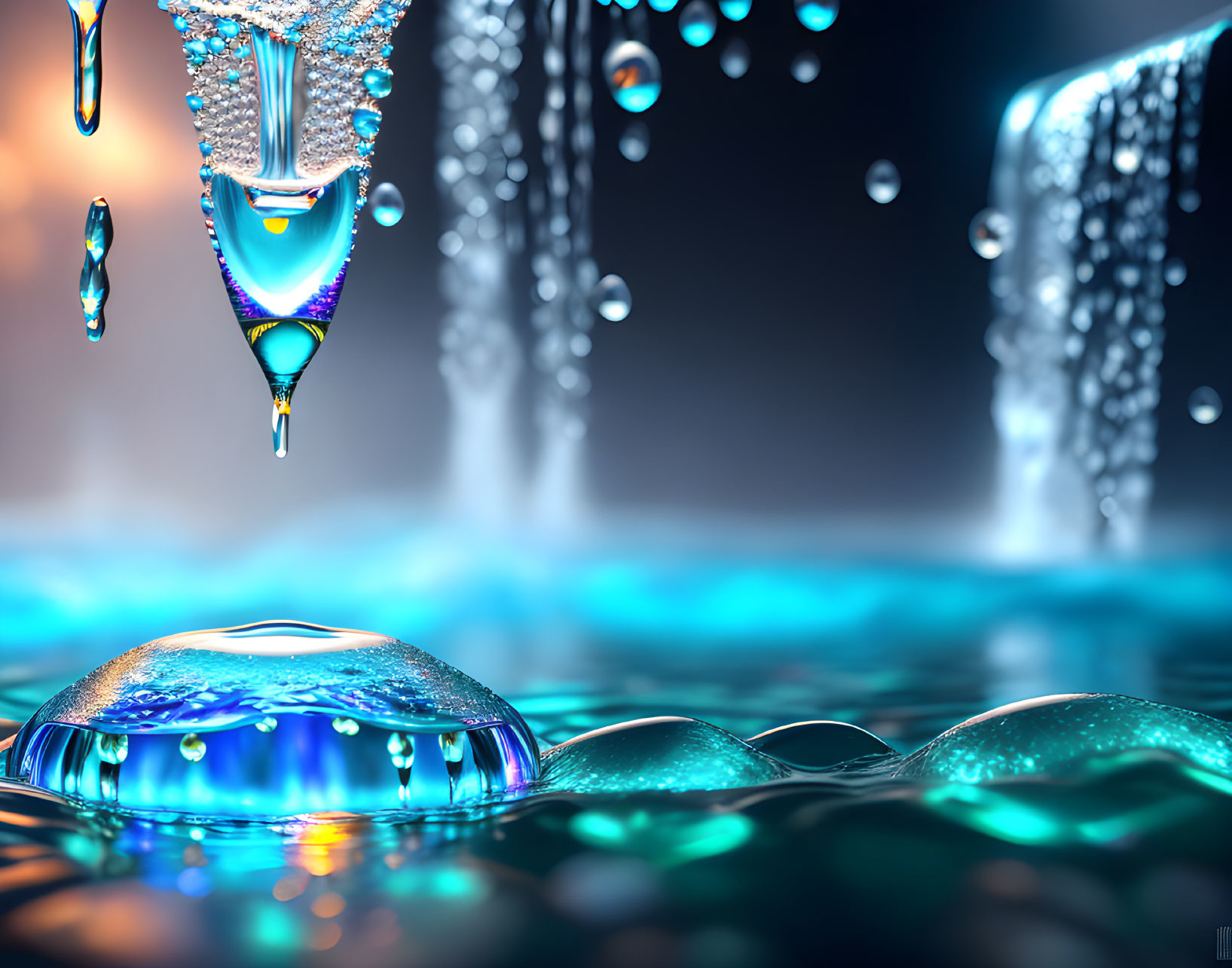 Colorful digital artwork of water droplets with reflections and refractions above a surface.