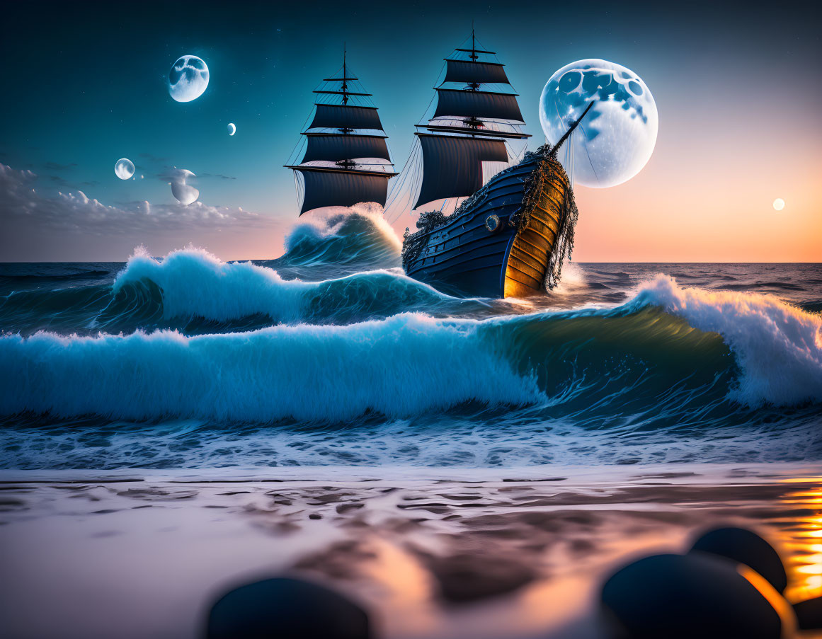 Tall ship sailing on turbulent seas under surreal sky with multiple moons