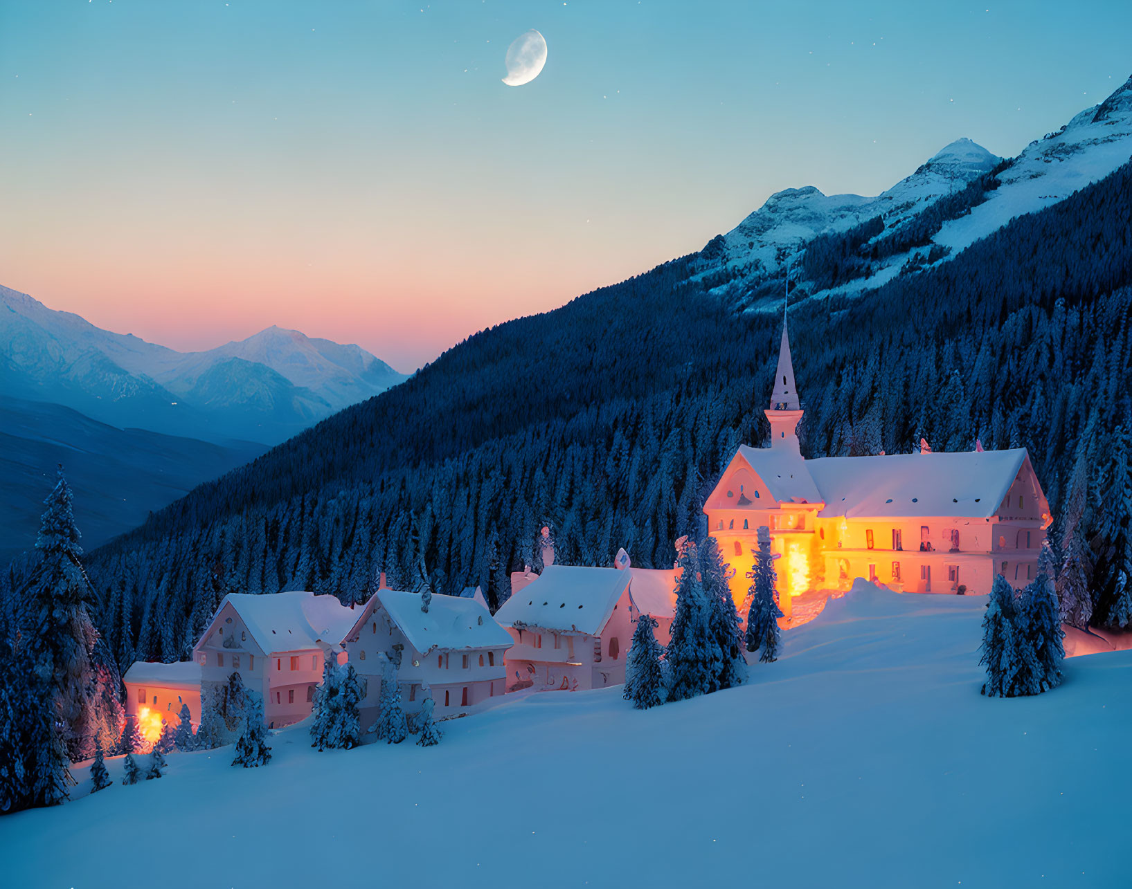 Snowy Dusk Landscape: Cozy Village Among Pine Trees