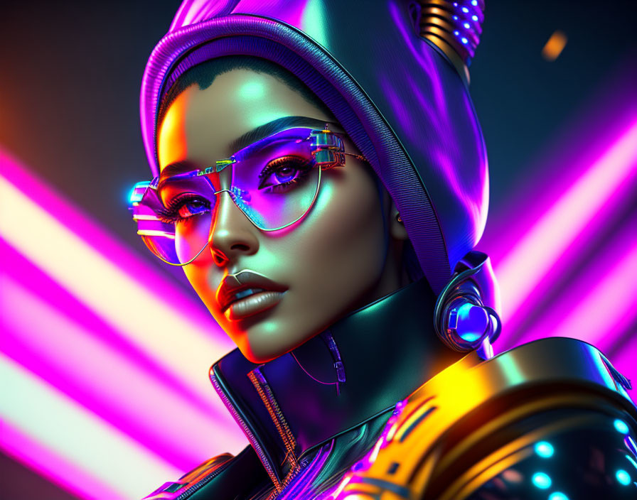 Futuristic woman with neon sunglasses and metallic outfit in colorful backdrop