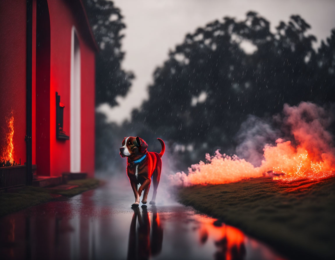 Dog in Red Vest on Wet Road Amid Rainy Evening with Smoke and Embers