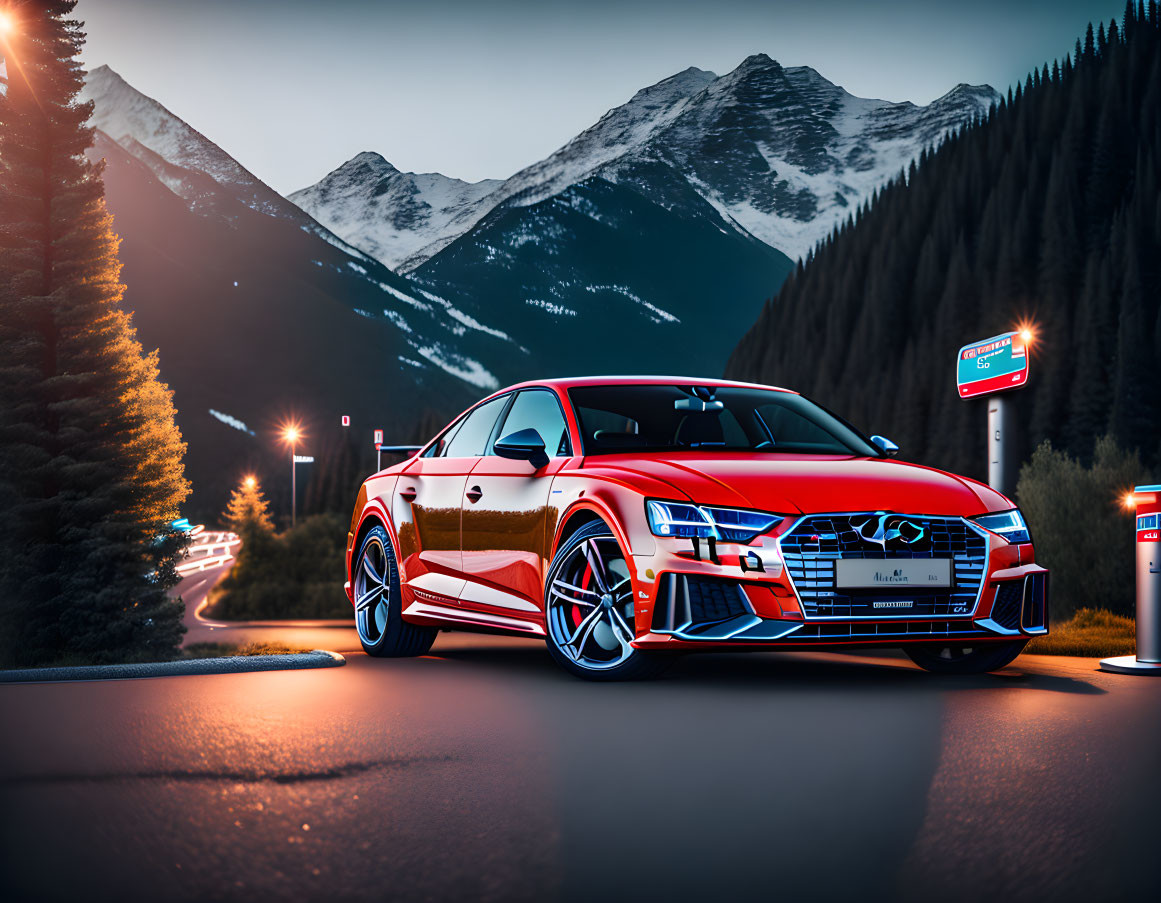 Red Sports Car Parked at Mountain Roadside with Twilight Setting