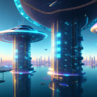 Futuristic cityscape with illuminated skyscrapers and flying vehicles