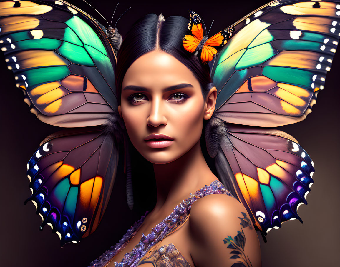 Digital Artwork: Woman with Butterfly Wings on Dark Background