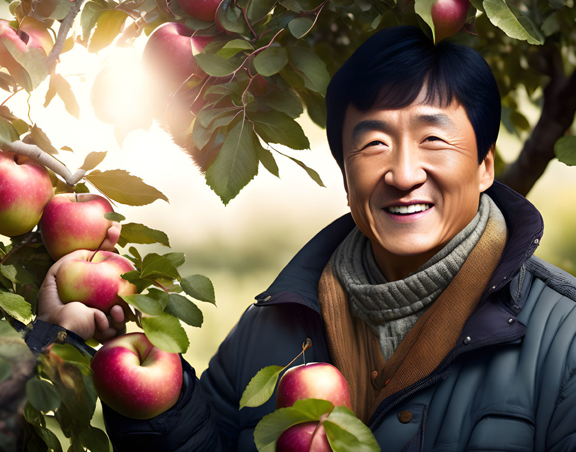 Smiling man holding ripe apple in sunny orchard