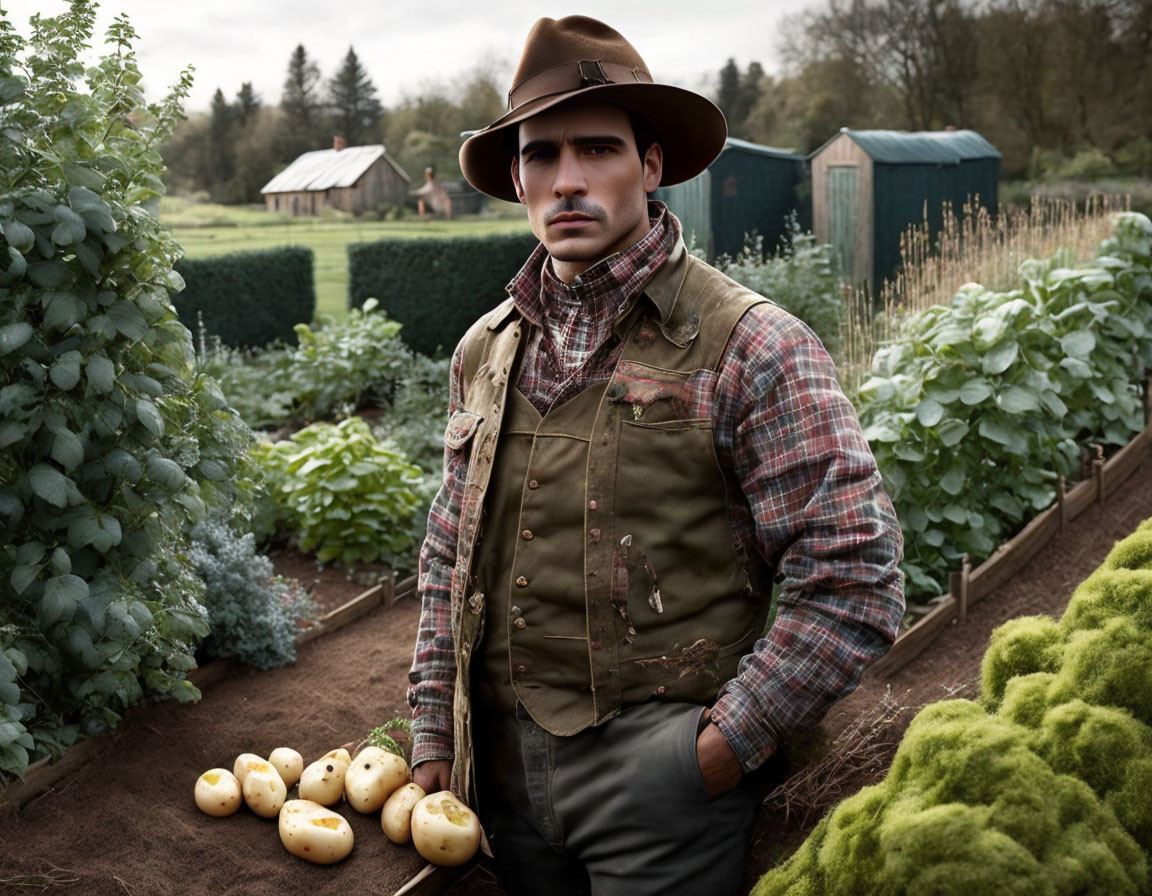 Man in Checked Shirt and Hat with Harvested Potatoes in Garden