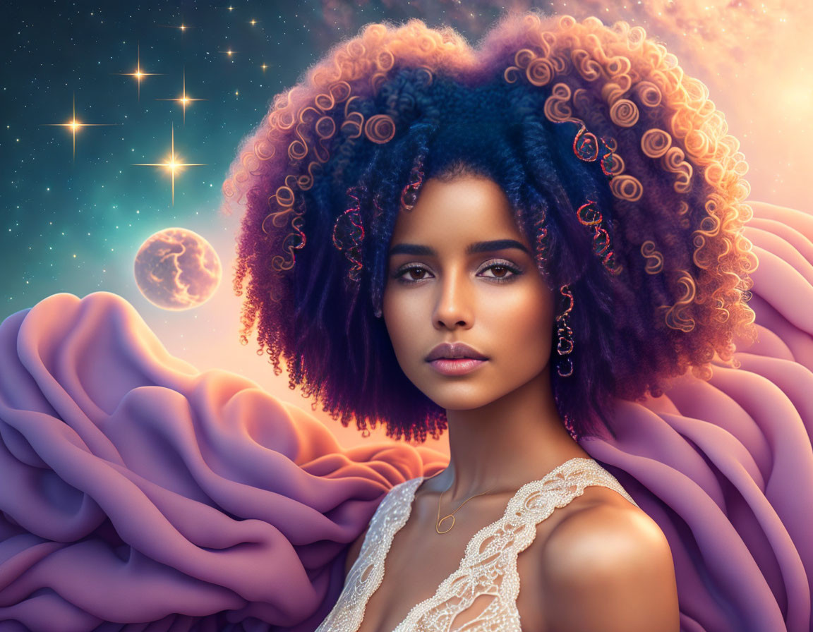 Voluminous curly hair woman in cosmic setting with stars and distant planet.