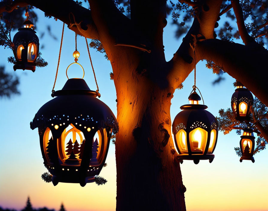 Hanging lanterns casting warm glow against twilight sky